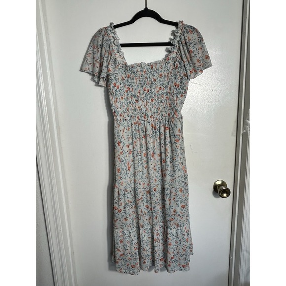 Luxology Floral Mesh Midi Dress Large Smocked Bodice Flutter Sleeve Cottagecore - Picture 2 of 10